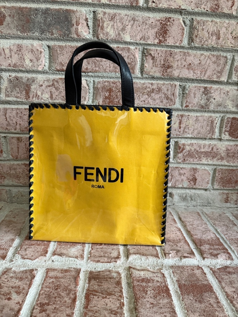 UpCycled Fendi Yellow shopping bag with leather Black Trim - Picture 2 of 9